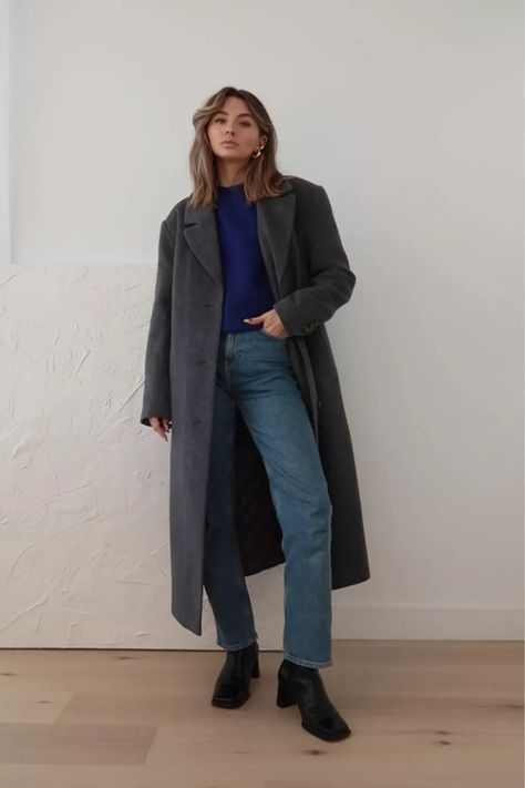 Crease-leg trousers curated on LTK Dark Grey Coat Outfit Winter, Light Grey Coat Outfit, Dark Grey Coat Outfit, Long Grey Coat Outfit, Grey Coat Outfit Winter, Wrap Coat Outfit, Grey Wool Coat Outfit, Coat Outfits For Women, Blue Outfit Winter