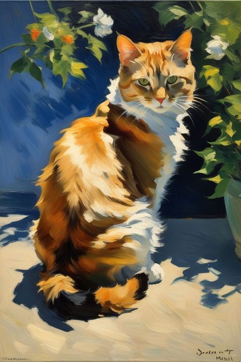 Impressionism Cat Painting, Realistic Cat Painting, Animal Impressionism, Cat Digital Painting, Portrait Drawing Illustration, Portrait Gift Ideas, Manet Art, Portrait Acrylic Painting, Pet Portrait Illustration