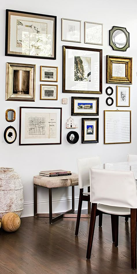 Incorporate an eclectic mix of different prints like on this kitchen nook gallery wall. 🖼 --------- #picture #frames  #diy #tips #dining #room #art #artwork Picture Frames On The Wall Mismatched, Picture Wall Ideas Different Frames, Picture Wall Mixed Frames, Gallery Wall Kitchen Breakfast Nooks, Mismatch Picture Frames, Mixed Picture Wall, Picture Frames On The Wall Kitchen, Mix And Match Frames On Wall, Mix Match Frame Wall