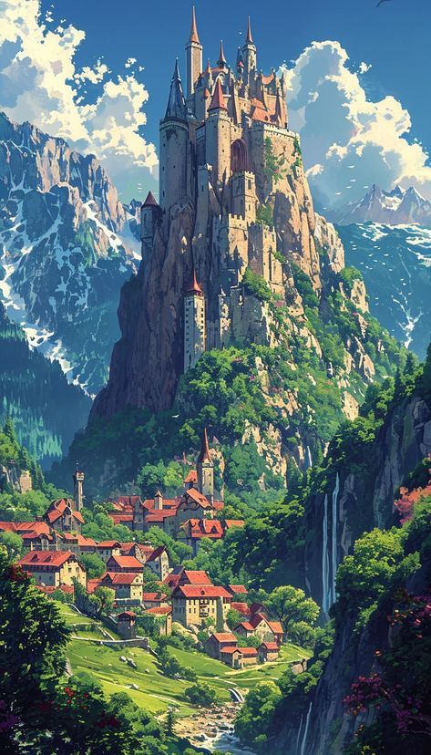 Village On Mountain, Fantasy Village Art, Fantasy Castle Art, Mountain Castle, Castle Landscape, Place Aesthetic, Stone Castle, Village Design, Village Landscape