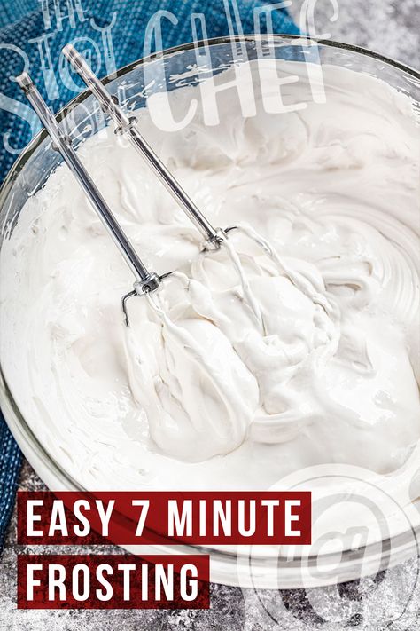 This contains: A mixing bowl of frosting 7 Min Frosting Icing Recipe, Cloud Icing Recipe, Seven Minute Icing Recipes, Easy Boiled Icing Recipe, No Cook 7 Minute Frosting, 7 Minute Icing Recipe, 5 Minute Frosting, 7 Minutes Frosting, Fluffy White Frosting Easy