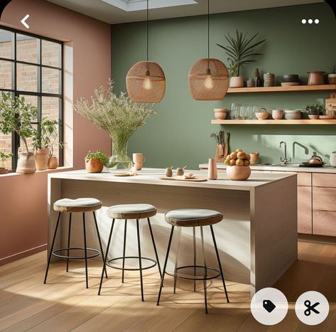 Sage Kitchen Walls, Terracotta Kitchen, Rose Kitchen, Earthy Kitchen, Color Durazno, Green Kitchen Designs, Peach Kitchen, Accent Wall Colors, Rose D