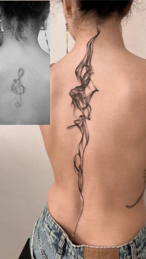 Intricate Spine Tattoo, Cover Up Spine Tattoos Female, Fire Chest Tattoo, Wispy Tattoos For Women, Spine Cover Up Tattoos For Women, Full Spine Tattoo, Vertical Back Tattoo, Back Tattoo Women Spine, Cover Up Tattoos For Women