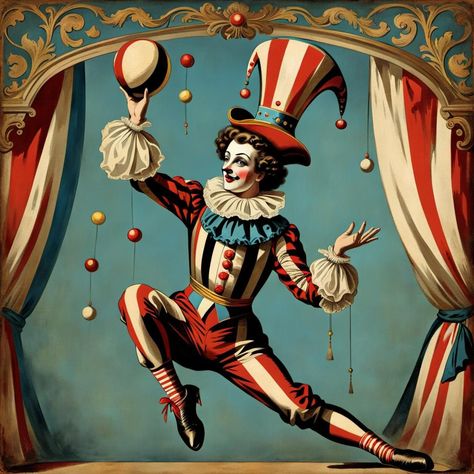 Jester Illustration, Circus Quilt, Victorian Clown, Clown Juggling, Harlequin Jester, Circus Background, Cirque Vintage, Circus Illustration, French Circus