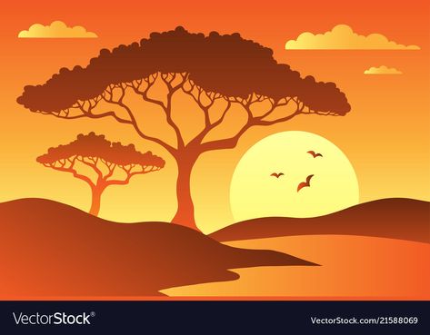 Safari Landscape Drawing, Savana Paintings, Africa Landscape Illustration, Savanna Tree, Savannah Illustration Landscape, Savannah Landscape, African Savannah Landscape Painting, Rain Crafts, Jungle Vbs