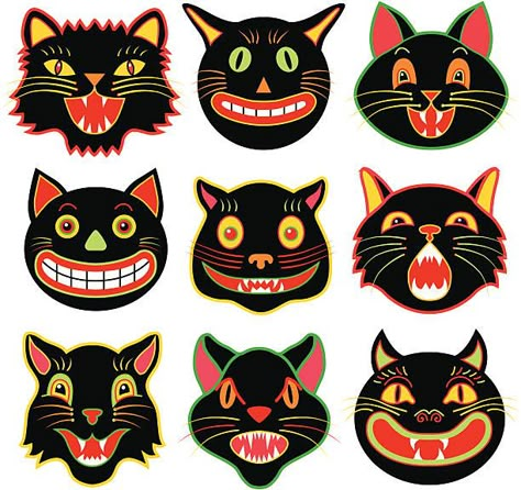 Vintage Halloween Masks, Halloween Black Cats, Diy Halloween Dekoration, Black Cat Illustration, Vintage Halloween Art, Halloween Decor Diy, Vintage Halloween Images, Image Halloween, Halloween Cats