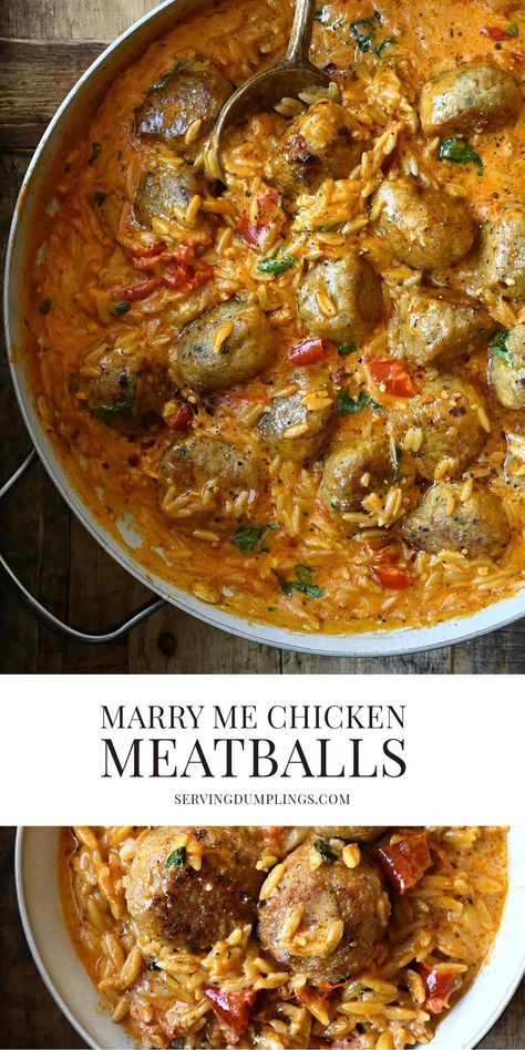 Marry Me Chicken Meatball Orzo - Serving Dumplings Orzo Easy, Meatball Orzo, Serving Dumplings, Ground Chicken Meatballs, Pasta Alla Vodka, Orzo Dishes, Sun Dried Tomato Sauce, Chicken Meatball, Tender Meatballs