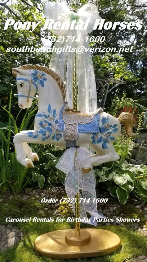 Carousel Balloon Decor, Blue Carousel, Carasoul Horse, Rocking Horses Painted, Carnival Horse Carousels, Birthday Party Rentals, Carousel Baby, White Party Theme, Carousel Party