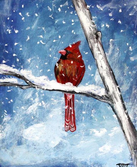 Winter Cardinal on x canvas board. Bird painting, winter scene, red bird, cardinal bird art, wall decor, acrylic art, canvas Cardinal Birds Art, Winter Scene Paintings, Winter Cardinal, Wine And Canvas, Painting Winter, Winter Szenen, Paint Nite, Cardinal Bird, Holiday Painting