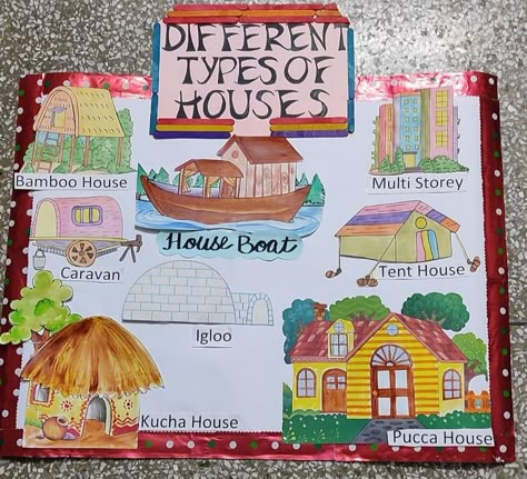 Type Of Houses For Kids Project, Different Types Of Houses Kids Project, Types Of Houses For Kids Project, House Chart Ideas For Classroom, Types Of Houses Worksheet, Science Exhibition Projects, Science Exhibition, Different Types Of Houses, School Art Activities