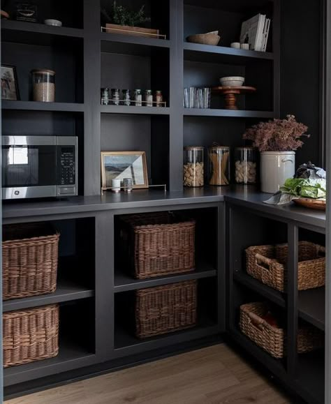 Black Pantry Shelves, Dark Wood Pantry, Moody Pantry Ideas, Moody Farmhouse Kitchen, Moody Pantry, Moody Cottage, Black Pantry, Walmart Kitchen, Moody Farmhouse