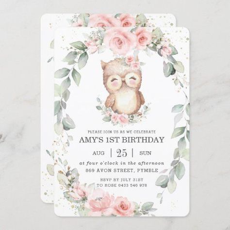 $ 3.04 | Cute Owl Whimsical Pink Floral Greenery Birthday #rustic greenery leafy botanical wreath, whimsical, chic sage green leaves eucalyptus, watercolor, soft pastel dreamy gold glitter, pink blush floral flowers roses, girl 1st birthday party invite, adorable cute owl, woodland animals, owl bird Owl Baby Shower Theme Girl, Greenery Birthday, Owl Invitations, Owl Baby Shower Invitations, Owl Baby Shower Theme, Owl Birthday Parties, Rustic Baby Shower Invitations, Baby Theme, Winter Owl