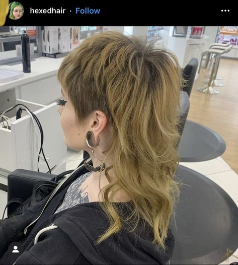 Punk alt womens modern mullet She Mullet Shag, Mullet Short Sides Woman, Medium Shag With Undercut, Shaved Side Burn Women, Mylie Cyrus Hair Mullet, Punk Haircut Women, Mullet With Shaved Sides Women, Mullets With Shaved Sides, Punk Rock Mullet