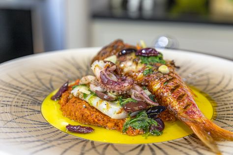 Red Mullet with Squid and Romesco Sauce | James Martin Chef Mullet Recipe, James Martin Recipes, Red Mullet, Dinner Party Dishes, Romesco Sauce, Party Dishes, James Martin, Cocktail Desserts, Food Garnishes