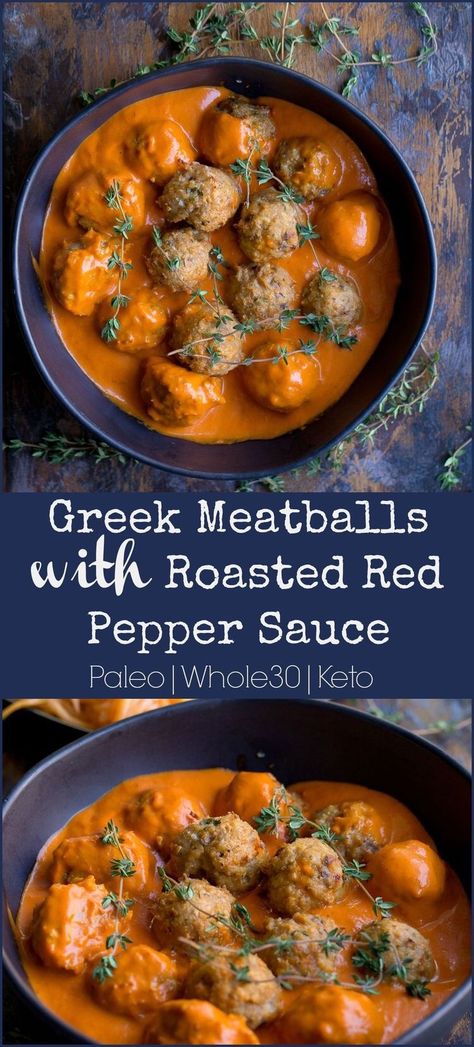 Greek Turkey Meatballs, Mediterranean Diet Recipes Dinners, Turkey Meatballs Baked, Greek Meatballs, Roasted Red Pepper Sauce, Easy Mediterranean Diet Recipes, Red Pepper Sauce, Diner Recept, Baked Turkey