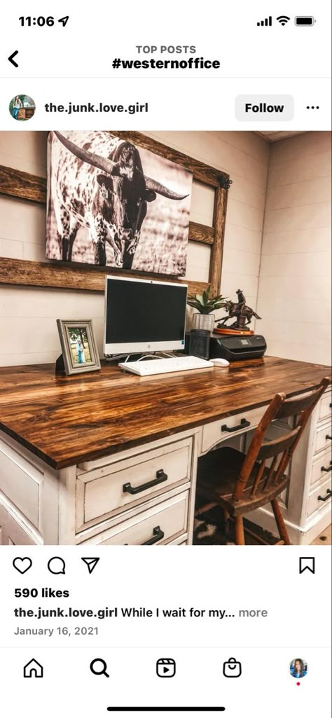 Computer Desk In Master Room, Farmhouse Bedroom With Desk, Western Office Desk Decor Ideas, Modern Western Office Ideas, Western Inspired Office, Boho Western Office Decor, Home Office Western, Western Gaming Setup, Western Desk Ideas