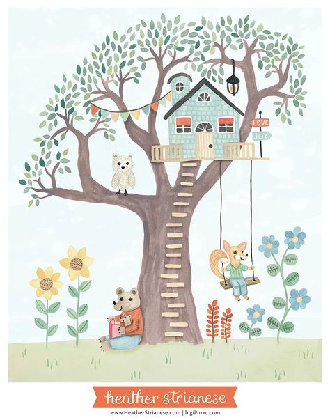 Kids and Baby Art | Heather Strianese Illustration Woodland Treehouse, Treehouse Illustration, Treehouse Art, Nursery Rhyme Art, Tree House Drawing, Woodland Themed Nursery, Woodland Nursery Art, Woodland Nursery Theme, Kids Logo Design