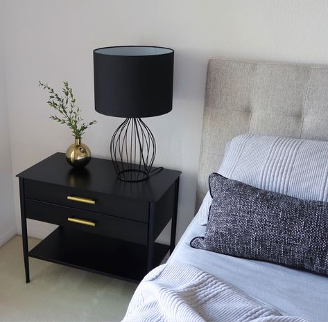 Black Side Table Bedroom, Minimal Modern Bedroom, Dark Minimalist Bedroom, Bedroom Side Table Ideas, Greige Bedroom, West Elm Nightstand, Bedroom Lamps Nightstand, Monochrome Bedroom, Black Bedside Table