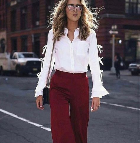 White button-down shirt and red pants. Outfit from MacButik White Shirt With Wide Leg Pants, Red Pants Outfit, Style Goals, White Button Down Shirt, Pants White, White Coat, Colored Pants, Red Pants, White Button Down