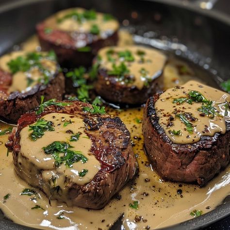 🥩🌶️ Elevate your meal with Seared Filet Mignon in Shallot Peppercorn Cream Sauce! Tender, flavorful, and oh-so-decadent. #GourmetSteak #CreamySauce Seared Filet Mignon in Shallot Peppercorn Cream Sauce Recipe 🌟 Ingredients: For the steak: 4 filet mignon steaks (about 600g total) Salt and pepper to taste 30ml olive oil 30g butter For the sauce: 2 shallots, finely chopped (about 50g) 3 cloves garlic, minced 10g black peppercorns, crushed 100ml brandy or cognac 200ml heavy cream 30ml Dijon mu... Seared Filet Mignon With Shallot Peppercorn Cream Sauce, Steak Peppercorn Sauce, Peppercorn Cream Sauce, Pan Fried Filet Mignon Steaks, Filet Mignon Garlic Herb Butter, Steak Au Poivre Recipe Peppercorn Sauce, Seared Filet Mignon, Mignon Steak, Cream Sauce Recipe