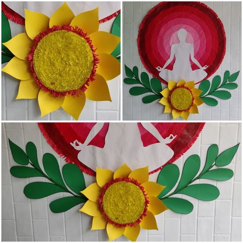 Flower decoration on yoga day celebration in school Flowers Day Celebration At School, Yoga Day Chart For School, Guru Purnima Decoration In School, Class Tree, World Yoga Day, July Art, School Board Decoration, Teacher Craft, International Yoga Day