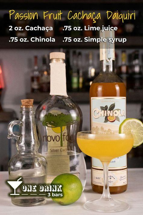 A photo of the chinola and novo fogo cachaca daiquiri next to the ingredients, which include Novo Fogo Silver Cachaca, simple syrup, lime juice, and Chinola liqueur. Passion Fruit Liquor Cocktails, Passion Fruit Daiquiri, Fruit Liqueur, Cachaca Cocktails, Alcohol Drinks, Daiquiri, Cocktail Recipe, Passion Fruit, Simple Syrup