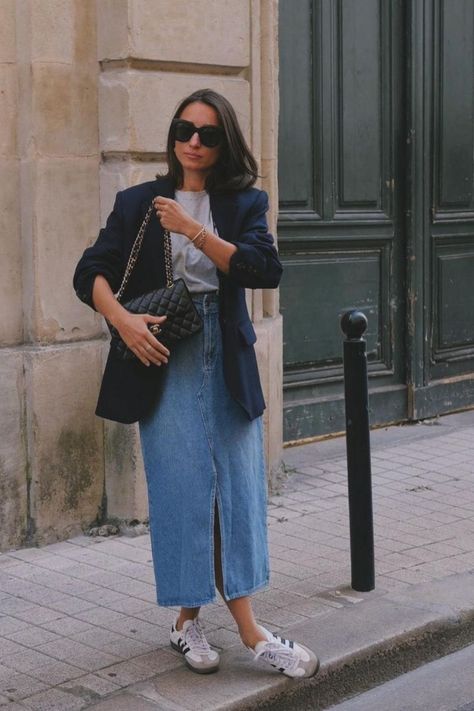 Summer Denim Skirt Outfit, Denim Skirt Styling, Maxi Denim Skirt Outfit, Denim Skirt Outfit Winter, Maxi Skirt Work, Denim Skirt Outfit Fall, Denim Skirt Outfit Ideas, Denim Skirt Outfit Summer, Denim Maxi Skirt Outfit