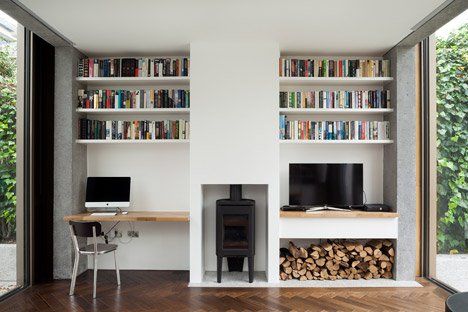 Ormond Road by GKMP Architects Desk Near Fireplace, Desk In Chimney Alcove, Small Wood Burner Fireplace Ideas, Woodburner Shelves, Fireplace With Desk, Alcove Corner Desk, Alcove Shelving Ideas, Desk Next To Fireplace, Chimney Alcove Ideas