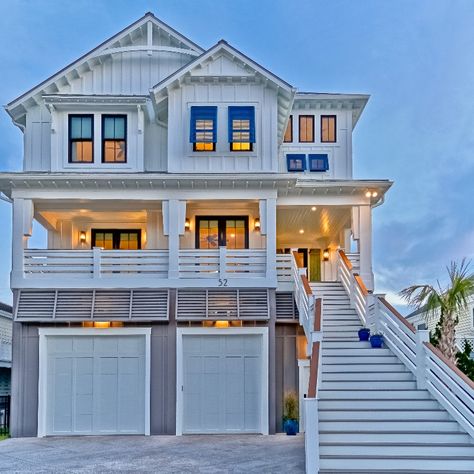 3 Story Coastal House Plans, Beach House Driveway Ideas, Coastal Carriage House, Beach Condo Exterior, Waterfront House Plans Coastal Homes, Large Beach House Plans, Modern Coastal Beach House Exterior, Two Story Beach House, Small Coastal House