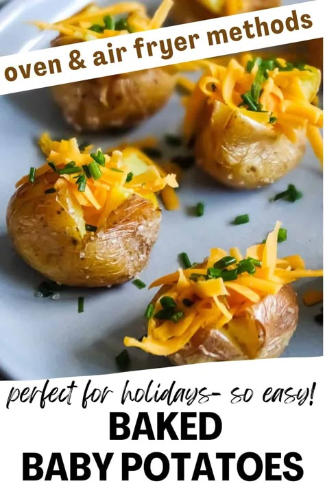 Baked Mini Potatoes are a quick and simple appetizer or finger food for holidays, parties and special occasions. Make them in the oven or air fryer. Either way, they turn into crispy roasted mini potatoes with a delicious creamy inside. Top with yummy baked potato fixings, like sour cream, cheese, bacon bits, and chives or your favorites! Mini Baked Potatoes In The Oven, Potato Bites Air Fryer, Mini Baked Potatoes Appetizers, Mini Potatoes Air Fryer, Air Fryer Mini Potatoes, Mini Potatoes Recipe, Roasted Mini Potatoes, Easy Tailgate Food, Simple Appetizer