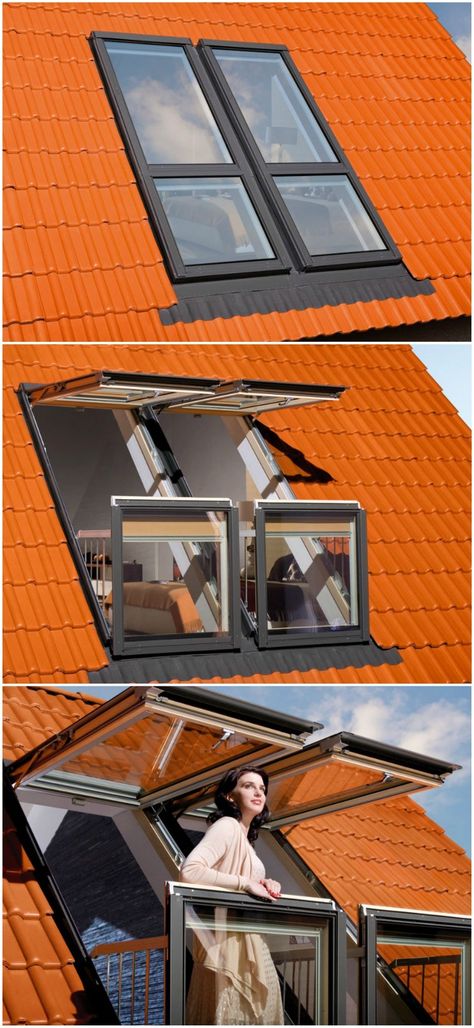 Skylight Balcony Window, Skylight Window Ideas, Velux Balcony Window, Attic Skylight Windows, Unique Skylights, Attic Window Ideas, Balcony Window Ideas, Roof Window Ideas, Tiny House Skylight