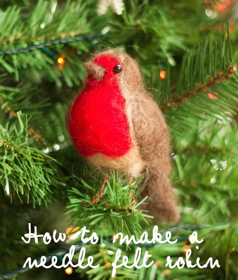 Simple tutorial to make a cute needle felt robin for your Christmas tree | floral and feather Robin Ornament, Felt Robin, Christmas Robin, Needle Felting Diy, Needle Felted Christmas, Needle Felting Tutorials, Felt Christmas Decorations, Needle Felting Kits, Needle Felting Projects