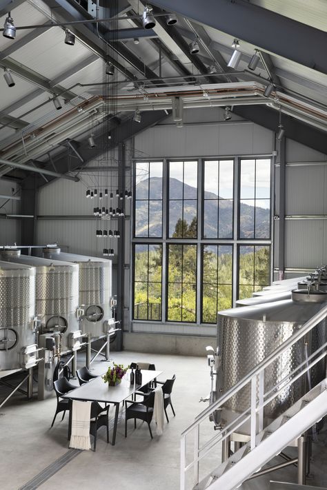 Wineries Architecture, Calistoga California, Metal Doors Exterior, Beer Factory, Brewery Design, Barrel Room, Cider House, Agricultural Buildings, Construction Contractors