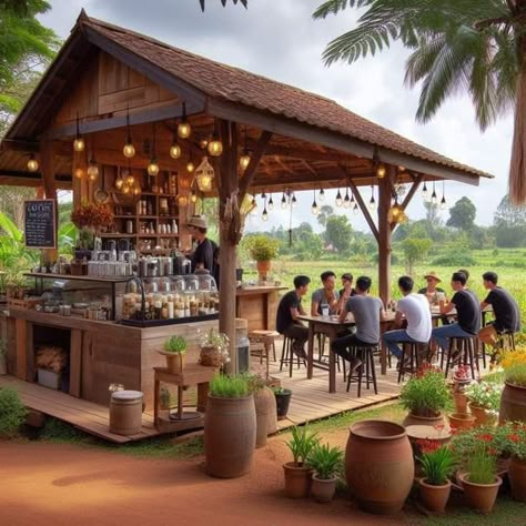 Bamboo Cafe Design Ideas, Open Restaurant Design, Outdoor Restaurant Ideas, Restaurant Design Rustic, Green Restaurant, Rooftop Restaurant Design, Coffee House Design, Small House Blueprints, Garden Planning Layout