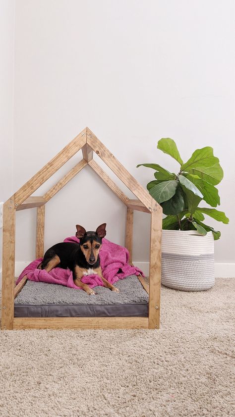 Wooden Dog Bed Ideas, Indoor Dog House Diy, Diy Dog Bed Frame, Diy Dog Houses, Easy Dog House, Indoor Dog Bed, Dog Bed Frame, Diy Toddler Bed, Modern Mansions