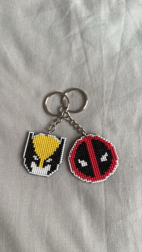 handmade deadpool & wolverine cross stitch keychains Wolverine Cross Stitch, Keychain Cross Stitch, Cross Stitch Keychain Pattern, Deadpool Crafts, Stitch Keychains, Cross Stitch Keychain, Marvel Cross Stitch, Stitch Keychain, Unique Cross Stitch