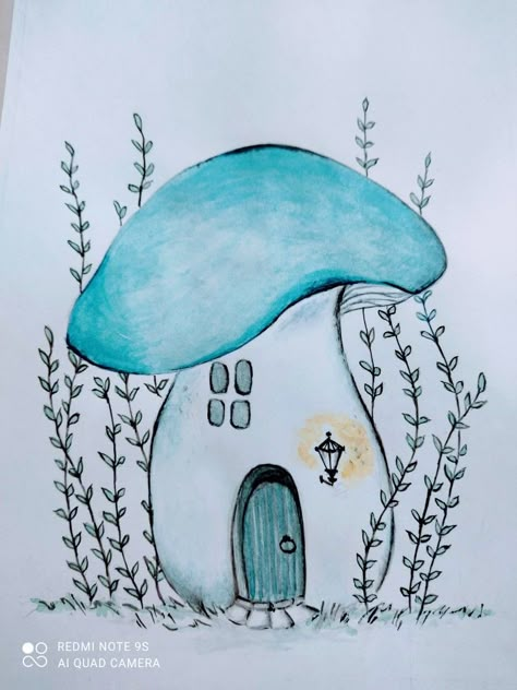 Whimsical Garden Drawing, Fairy Tale Drawings Easy, Mushroom Houses Paintings, Easy Whimsical Drawings, Mushroom Houses Drawings, Fairy Mushroom Drawing, Fairy Land Drawing, Mushroom House Art, Mushroom House Drawing