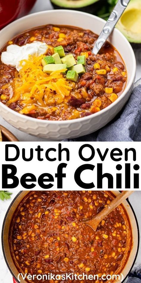 Dutch Oven Chili Recipe, Dutch Oven Chili, Beans And Vegetables, Dutch Oven Beef, Classic Chili Recipe, Beef Chili Recipe, Best Dutch Oven, Chili Toppings, Comfort Dinner