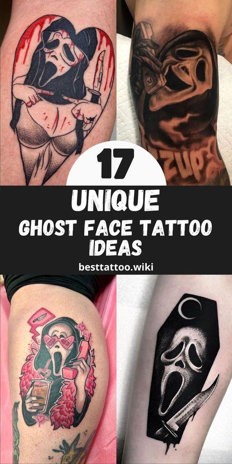 Step into the world of the paranormal with 17 Ghost Face Tattoo Ideas 2024: Experience the eerie allure of ghostly visages with our curated collection of ghost face tattoos. Whether you're drawn to the simplicity of a small design or the intricacy of a larger piece, these tattoos offer a captivating blend of beauty and mystery. Let your skin become a canvas for spectral artistry and embrace the haunting elegance of ghost face tattoos. Ghostface Pinup Tattoo, Cute Ghost Face Tattoo, Ghost Face Tattoo Ideas, Small Horror Tattoos, Halloween Sleeve Tattoo For Women, Tattoo Ideas Horror, Ghost Face Tattoo Design, Ghost Face Tattoos, Scream Tattoo Ghostface