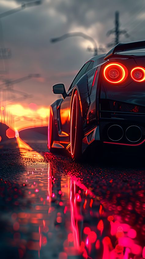 A black GTR car in a stunning sunset scene, featuring a red headlight, neon light around the tire, and red bokeh light against a dark background. Car 4k Wallpaper, Nissan Skyline R35, Cool Car Backgrounds, Nissan Gtr Wallpapers, Gtr Car, Good Looking Cars, Stunning Sunset, Cars Brand, Car Backgrounds