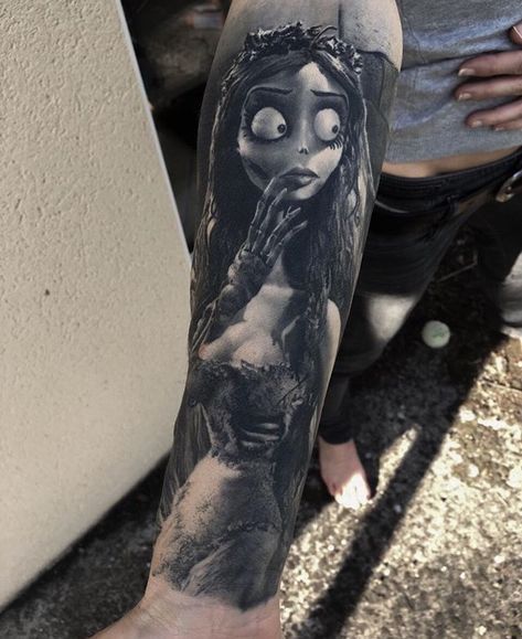 Corspride Bride Tattoo, Disney Villain Tattoo, Thomas Carli Jarlier, Corpse Bride Tattoo, Spooky Illustration, Goth Tattoos, Photo Realism Tattoo, Goth Tattoo, Movie Tattoo