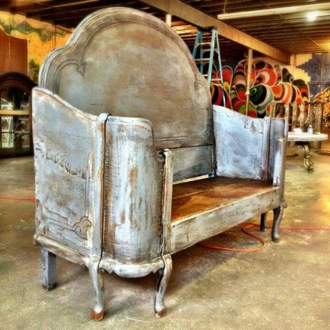 Cool Antique Furniture Handmade Sofas, Repurposed Headboard, Wooden Couch, Headboard Benches, Antique Bed, Upcycle Furniture, Headboard Bench, Furniture Ads, Antique Beds