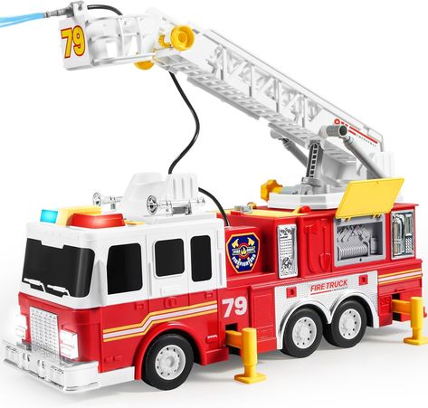 Huge-Sized Authentic American Fire Truck: This extra-large, American-styled fire truck toy (16.9 x 5.3 x 8.7 inches) sets the stage for endless fun and adventures. It's an ideal gift to ignite the imagination of your aspiring firefighter. Retractable Ladder, Toy Fire Trucks, Hose Storage, Water Sprinkler, Engineering Gifts, Play Vehicles, Hose Reel, Garbage Truck, Toy Trucks