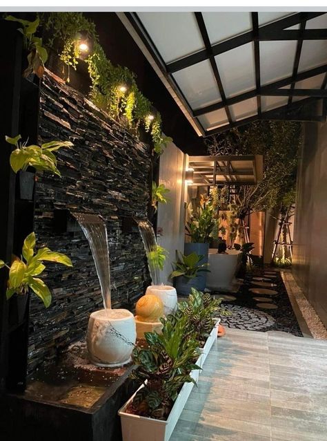 Waterfall Inside House, Courtyard Waterfall, Indoor Waterfall Wall, Indoor Wall Fountains, Outdoor Wall Fountains, Water Wall Fountain, Water Fountain Design, Taman Air, Indoor Water Features