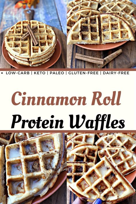 Easy Low-Carb Gluten-Free Cinnamon Roll Protein Waffles is a healthy keto, paleo, dairy-free, recipe that is quick to make using coconut flour and vegan butter. #Paleo #PaleoDiet #DairyFree #DairyFreeRecipes #Vegan #VeganRecipes #Protein #ProteinBreakfast Kodiak Carb Conscious Recipes, Dairy Free Low Carb Recipes, High Protein Waffle Recipe, Waffles Cinnamon, Healthy Cinnamon Rolls, Keto Waffles, Thm Breakfast, Cinnamon Roll Waffles, Keto Breakfasts