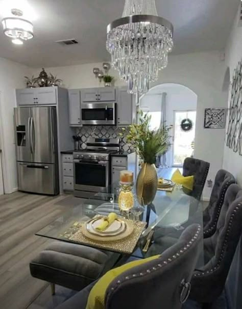 Yellow Living Room Ideas, Beautiful Dining Room Decor, Grey And Yellow Living Room, Luxury Apartment Decor, Elegant Bedroom Design, Yellow Kitchen Decor, Dining Room Table Centerpieces, Kitchen Layout Plans, Living Room Decor Gray