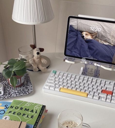 Ipad Desk Setup, Ipad Desk, White Keyboard, Desk Goals, Student Hacks, Desk Essentials, Hobby Room, Desk Space, Work Desk