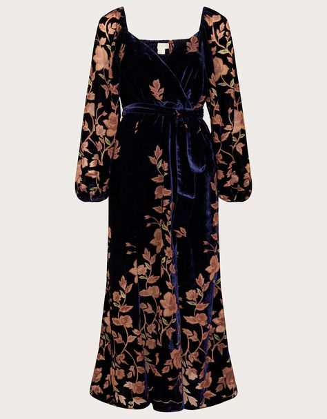 Velvet Blue Dress, Devore Dress, Floral Velvet Dress, Daphne Dress, Evening Dress Collection, Velvet Wrap Dress, Blue Velvet Dress, Blue Evening Dresses, Blue Print