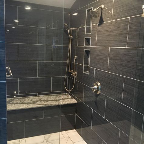 75 Black Tile Bathroom Ideas You'll Love - July, 2023 | Houzz Walk In Shower With Dark Tile, Shower Remodel Dark Tile, Dark Grey Shower Tile Bathroom, Black Tile Shower Ideas Master Bath, Black Tile Walk In Shower Ideas, Bathroom Remodel Dark Tile, Bathroom Dark Tile, Black Tile Bathroom Ideas, Gray Shower Tile Ideas