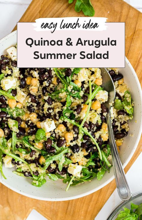 Enjoy this fresh summer quinoa salad, a delightful quinoa arugula salad perfect for warm days. This healthy recipe features feta, black beans, and quinoa salad with a unique honey jalapeno dressing. Ideal as a lunch idea or prep ahead lunch, it's a healthy dish that stands out in arugula recipes and unique recipes. Arugala Salad Recipes, Quinoa Arugula Salad, Quinoa Bean Salad, Jalapeno Dressing, Black Beans And Quinoa, Salad With Beans, Summer Quinoa Salad, Honey Jalapeno, Beans And Quinoa